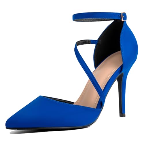 Image of Women's Pointed Toe High Heel Pumps, Elegant Asymmetric Cross Strap D'Orsay Stiletto Strappy Heels, Glossy Patent Dress Shoes for Wedding, Party, and Office