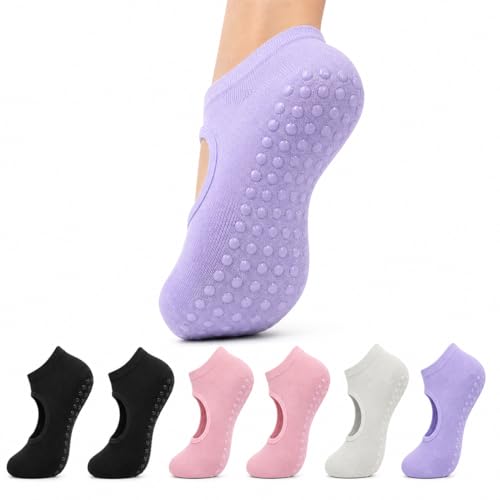 J-BOX 6 Pairs Pilates Socks for Women - Non Slip Grip Socks for Yoga, Barre, Hospital, Barefoot (2 Black + 2 Pink + 1 Silver Gray + 1 Purple (6 Pairs))