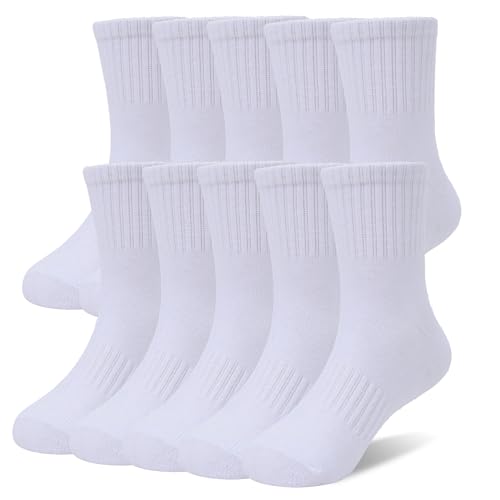 SEEYAN Kids Socks Boys Girls Crew Socks Classic Black White Grey School Sports Casual Mid-calf Cotton Socks (10 Pairs White 9-12 Years)