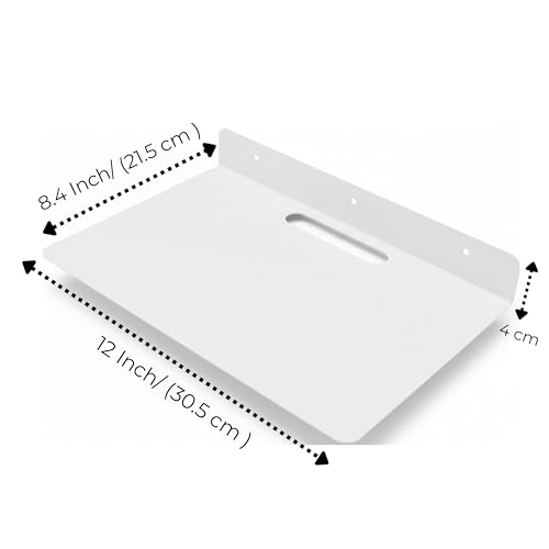 Image of OrganizeMee 30.5 x 21.5 x 4 cm Wall Mount Floating Shelf for Set Top Box, Metal L-Shaped Bracket with Cable Hole & 3 Screw Holes, (White)
