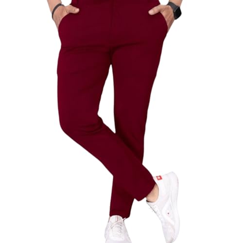 MiraMichi Men's Slim Fit Stretchable Casual Trousers | Stylish Lycra Blend Pants for Office, Party (30, Maroon)
