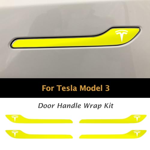 Image of IPG Compatible for Model 3 / Model Y /Juniper Door Handle Decal Sticker Wrap Kit (Set of 4) with Tesla Logo Personalize Your Tesla (Neon Series - Yellow)