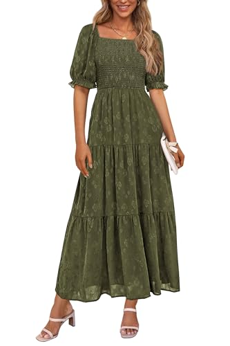 PRETTYGARDEN Women's 2025 Summer Casual Midi Dresses Square Neck Short Sleeve Smocked A Line Floral Flowy Elegant Boho Dress (Army Green,Large)