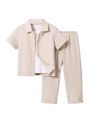 Image of RoseSeek Boy's 2 Piece Outfits Textured Button Down Short Sleeve Collar Shirts Tops and Elastic Waisted Pants