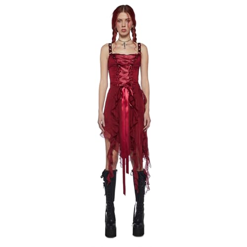 Dolls Kill Life's No Fairytale Midi Dress by Current Mood - Stretchy Satin With Lace-Up Ribbon and Ruffled Hem - Perfect for Dreamy Vibes - Burgundy, Small