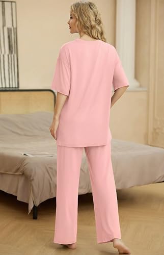 Image of PrinStory Womens Pajamas Sets 2 Piece Lounge Set Short Sleeve Tops and Long Pants Soft Pjs Loungewear with Pockets