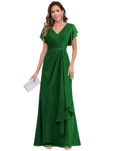 Long Mother of The Bride Dresses V-Neck Flutter Sleeve Chiffon Floor Length Formal Evening Gowns