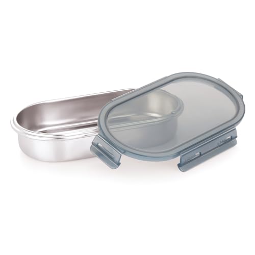 Image of Attro Steelox Oval Stainless Steel Container with Plastic Seal Lid BPA Free Food Grade Leak-Proof Ideal for School, Office & Outdoor Lunch Pack - 540ml Grey