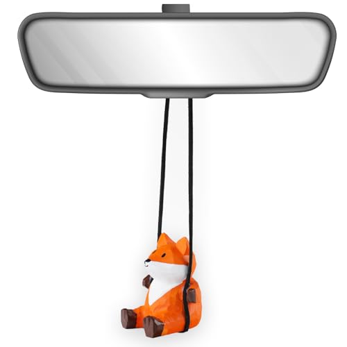VIPbuy 100% Handmade Wooden Swinging Fox Car Hanging Ornament - Cute Hand Carved Painted Wood Fox Figurine Car Mirror Hanging Accessories Decor Gifts (Fox)