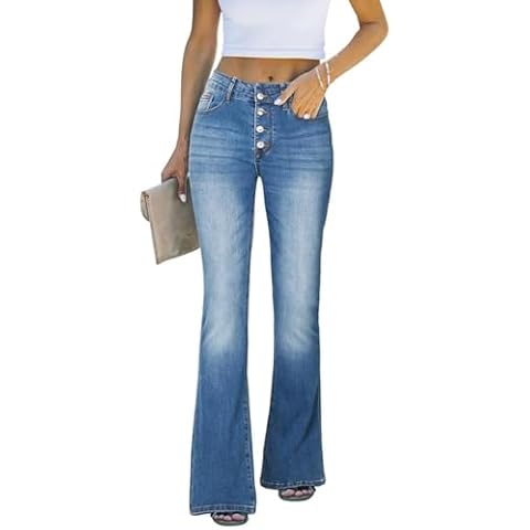 Genleck Women's Stretch Flare Jeans - Trendy High Waisted Bell Bottom Jeans Tummy Control Button Fly Denim Pants Trousers Cover