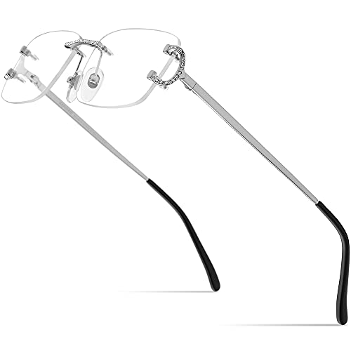 Image of HEPIDEM Vintage Style Rectangular Rimless Metal Eyeglasses for Men,New Frameless Zircon Diamonds Optical Glasses Frame