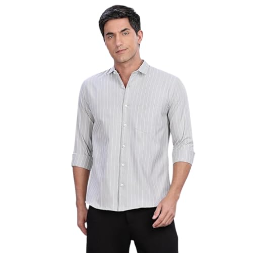 Image of MILDIN Men's Pure Cotton Striped Printed Shirt with Spread Collared Neck Full Sleeve Curved Hemline Button Closure and Regular Fit | Shirt for Man