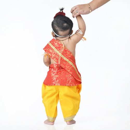 Image of ITSMYCOSTUME Krishna Dress for Baby Boy Kids Set of 10(Dhoti,Hip Cover,Patka,Mukut,Morpankh,Bansuri,Kamarband,Bajuband,Kundal) Little Krishna Ji Kanha Janmasthmi Costume