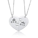 Yijunmca 2pcs Couple Necklace Set His Queen Her King Pendant Matching Heart Puzzle Necklace Crown Charms Necklace Two Split Heart Chain Necklace Lover Gift Jewelry for Girlfriend Boyfriend, Silver