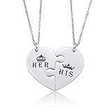 Yijunmca 2pcs Couple Necklace Set His Queen Her King Pendant Matching Heart Puzzle Necklace Crown Charms Necklace Two Split Heart Chain Necklace Lover Gift Jewelry for Girlfriend Boyfriend, Silver