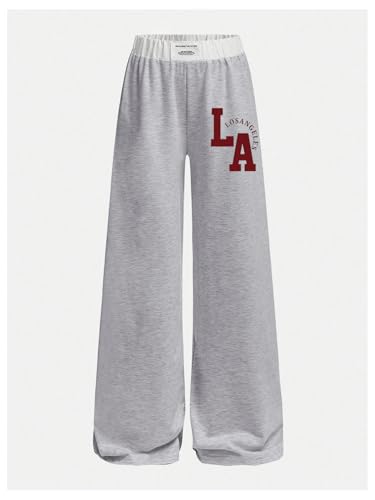 Image of RoseSeek Girl's Baggy Sweatpants Letter Patched Wide Leg Pants Elastic Waist Long Trousers Joggers Trendy