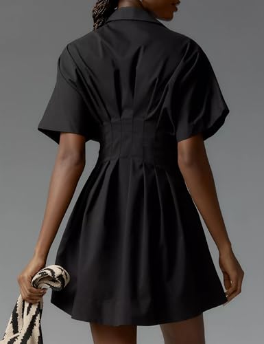 Image of SAFRISIOR Women Button Front Pleated Mini Shirt Dress Summer Short Sleeve Striped Blouse Casual Corset Dresses Black