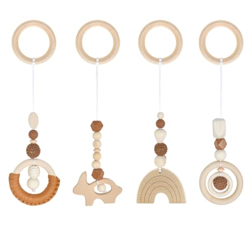 heavenlife 4 Piezas Gimnasio Juguetes de Madera para Carrito Bebe, Colgantes para Cochecitos de Bebé, Juguetes para Carro Bebe, Regalos para Recién Nacidos de 0 a 12 Meses (Marrón)