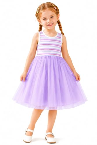 HILEELANG Girls Tulle Dress Lavender Sleeveless Ribbed Stripe Top Spring Summer Toddler Little Girls 4T