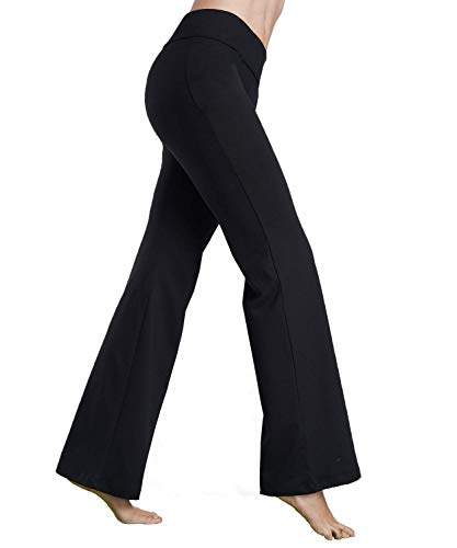 Bamans Womens Wide Waistband Long Bootleg Non See-Through Bootcut Yoga Pants w/Tummy Control, (Black Large)