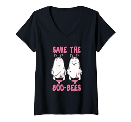 Womens Halloween October Breast Cancer Awareness Saves Boo Bees V-Neck T-Shirt