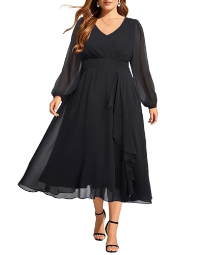 Pinup Fashion Plus Size Dresses for Wedding Guest - 2025 Formal Long Sleeve Chiffon Fall Midi Dress