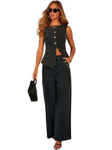 utcoco Womens Denim 2 Piece Set Sleeveless Jean Blazer Vest Tops and Wide Leg Jeans Outfit Suits