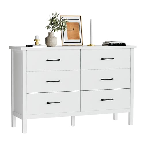 Image of LYNSOM White Dresser for Bedroom, 6 Drawer Dresser with Metal Handles, Modern Wood Chest of Drawers for Living Room, Entryway and Hallway