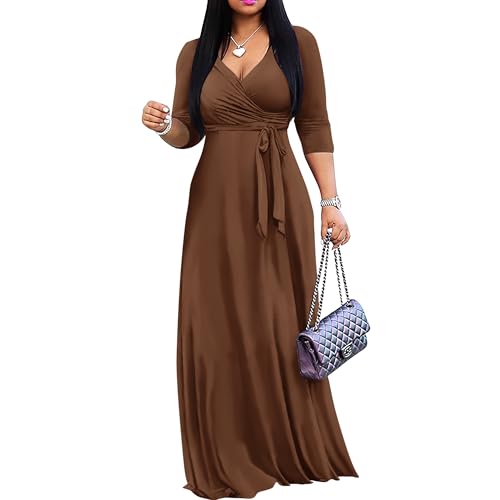 FANDEE Women's 2025 Maxi Dress - Solid Color Bohemian Summer Long Maxi Dress V-Neck 3/4 Sleeve