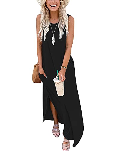 AUSELILY Sommerkleid Maxi Damen Ärmellos Strandkleid Langes Maxi Kleider mit Taschen Boho Floral Schwarz M