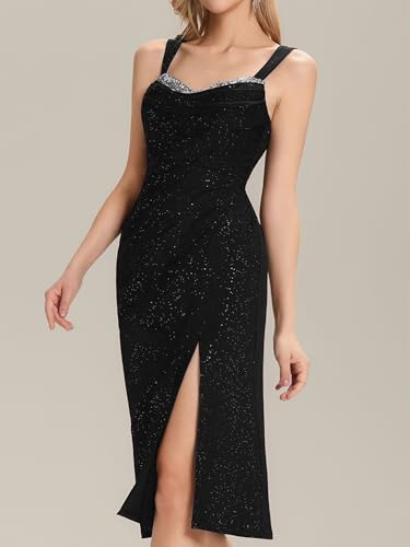 Ever-Pretty Women's Sparkly Glitter Side Slit Ruched Midi Formal Evening Dress with Lace-Up Back 023953