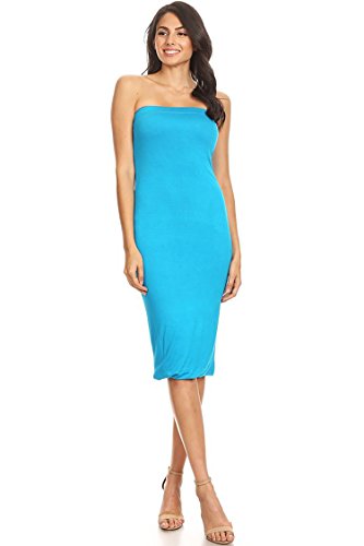 Solid Casual Lined Tube Top Body-Con Fit Midi Dress Made in USA Turquoise S