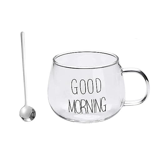 Dlmlemu 'Good Morning' Breakfast Cup with Spoon, Water Cup, Milk Cup, Yogurt Glass, Coffee Mug, Juice Cup, Milkshake Glass, Gift Cup for Birthday, Christmas, Family, Friends