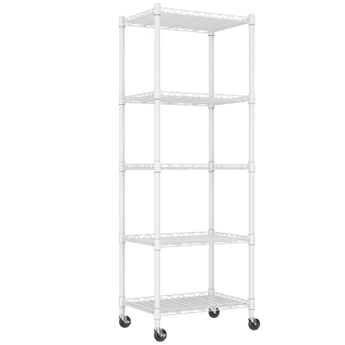 Image of REGILLER 5-Wire Shelving Metal Storage Rack Adjustable Shelves,Standing Storage Shelf Units for Laundry Bathroom Kitchen Pantry Closet(White,11.8 inch D x 16.6 inch W x 53.5 inch H,With Wheels)