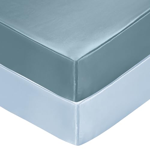 Image of SiinvdaBZX 2 Pcs Satin Crib Sheets for Baby Hair, Silky Soft Fitted Crib Sheets for Standard Crib and Toddler Mattress (Fog Blue & Light Blue, 52 x 28 x 8In)