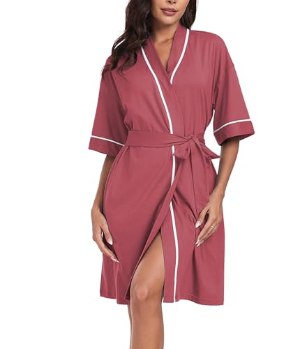 Image of ANLIQI Womens 100% Cotton Robes Lightweight Summer Short Sleeve Lady Bathrobe Knee Length Kimono Robe Sleepwear with Pockets