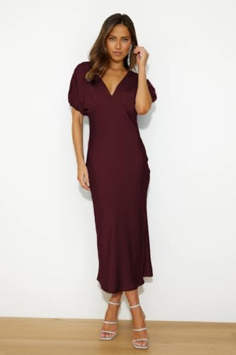 Image of Satin V Neck Puffy Sleeves Silk Midi Dresses Empire Waist Elegant Tie Back Formal Cocktail Dress for Women Wedding Guest Burgundy