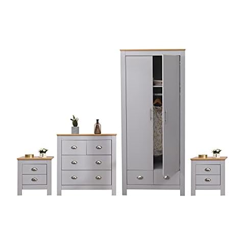 DONEWELL 4 Piece Bedroom Furniture Sets Nightstand set of 2,Wardrobe,Chest of Drawers Wooden,Grey+Oak,Uk Delivery Cover