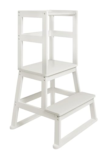 BOMI® Swubi Montessori Lernturm ab 1 Jahr | Sicherer Tritthocker Kinder 2 Stufen | Learning Tower für Kind & Baby aus Holz | Schemel, Lernstuhl als Stehhilfe, Kinderhocker Holz Weiß