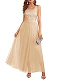 BeryLove Women's Sequin Party Mesh Dress Sleeveless Boat Neck Prom Wedding Sleeveless Ball Gowns Long Formal Dress Champagne L