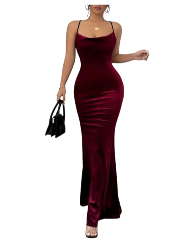 SOLY HUX Women's Velvet Bodycon Maxi Dress Cowl Neck Criss Cross Backless Party Club Long Dresses Pure Burgundy Medium