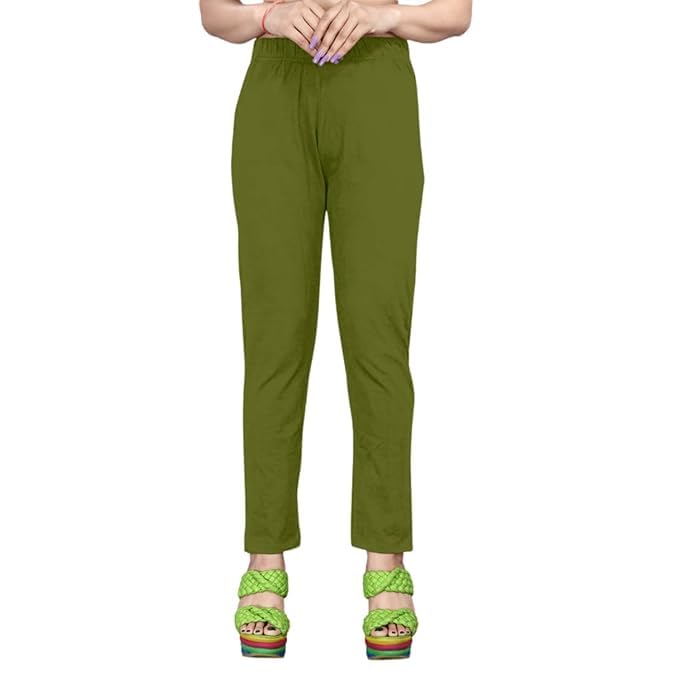 SASSAFRAS Women's Solid High Waist Cotton Lycra Pants -Slim Fit Stretchable Leggings - Comfortable Long Fit Trousers for Casual, Office in neutral