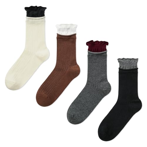 Women's 4 Pairs Frilly Ruffle Ankle Socks Soft Breathable Cute Turn Cuff Socks