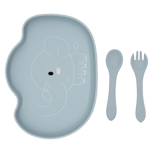 BabyX Baby Silicone Feeder Set, 3-pcs Zoo Animal-themed Baby Plate with Suction, Spoon and Fork for Babies Toddler Kids, BPA-Free, Baby Utensils Feeding Supplies, Microwave and Dishwasher Safe