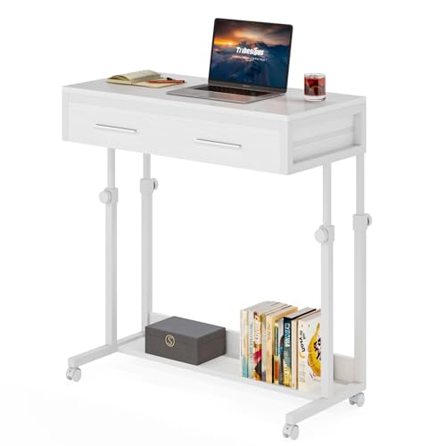 Tribesigns 昇降デスク 幅80 引き出し付き キャスター付き ソファサイドテーブル ベッドデスク スタンディングデスク ホームオフィス用 昇降机 ホワイト 無段階 高さ調整 手動 学習デスク