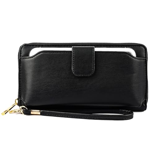 Heaye Women Wristlet Wallet with Cell Phone Holder Zip Around Wallet PU Black