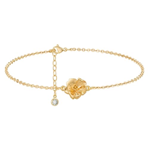 MYEARS Birth Flower Bracelets for Women Gold Sideways Charm 12 Months 14K Simple Dainty Chain Floral Jewelry Gift