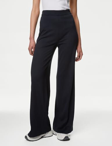 Image of Solid Navy Blue Viscose Womens Wide Leg Jersey Stretch Trousers