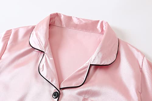 Girls Satin Pajamas Dress Button Down Silky Sleepwear Nightgown Short Sleeve Nightshirt Dresses3