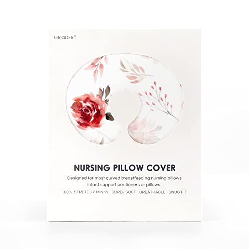 Image of GRSSDER Nursing Pillow Cover Stretchy Minky Removable Nursing Covers for Breastfeeding Pillows, Ultra Soft Comfortable Slipcover for Boy and Girls, Pretty Watercolor Rose Flora, Orange Pink